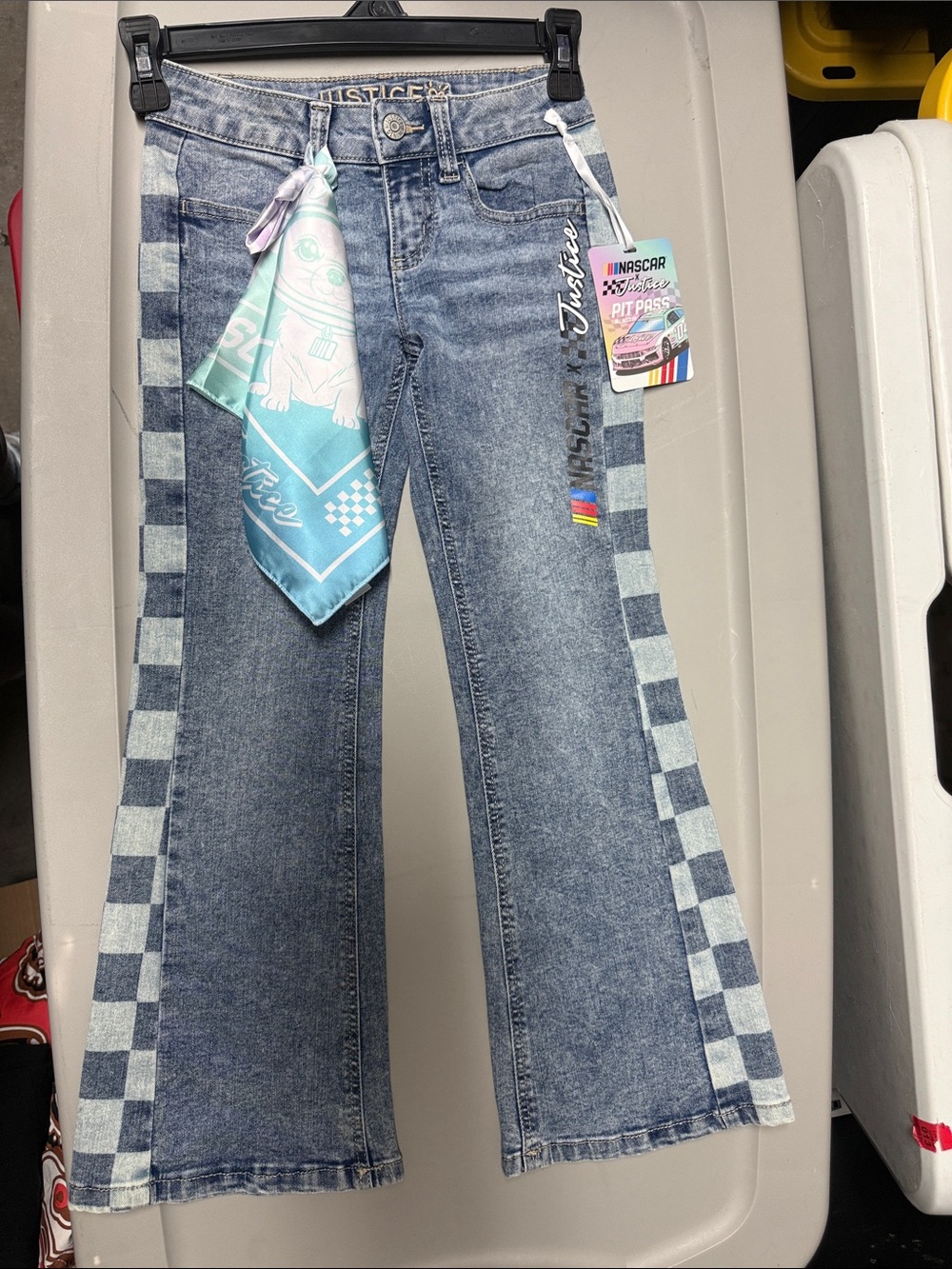 Justice Blue Denim Flare Jeans with Check-Trim and Pastel Bandana nascar